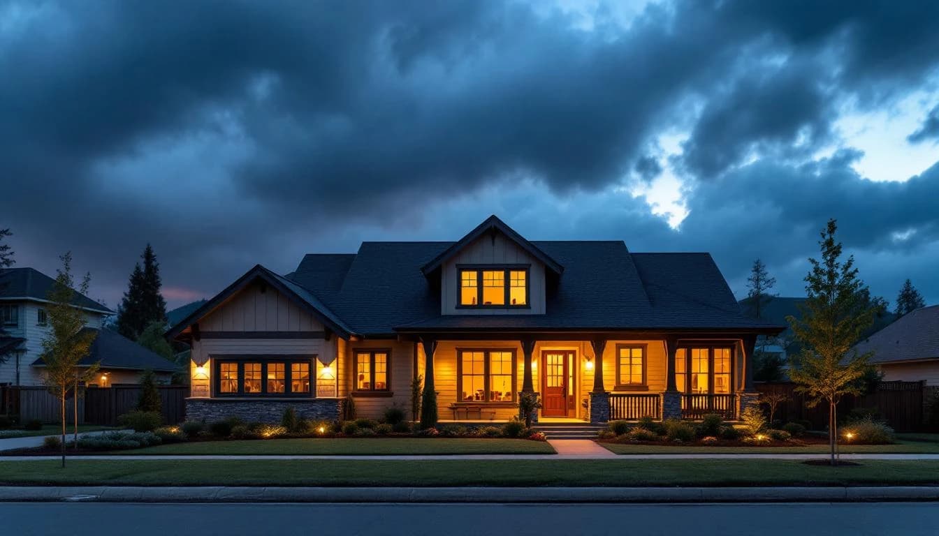 Home with lights on during stormy evening